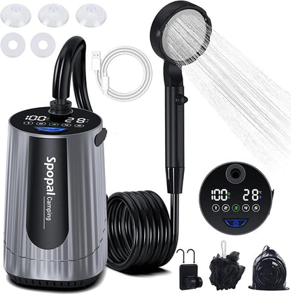 Portable Shower for Camping, [Upgraded] 10000mAh Rechargeable Camping Shower with 5 Adjustable Speeds,Premium LED Display, IPX8 Waterproof Outdoor Shower Kit for Hiking, Car, Pet, Travel