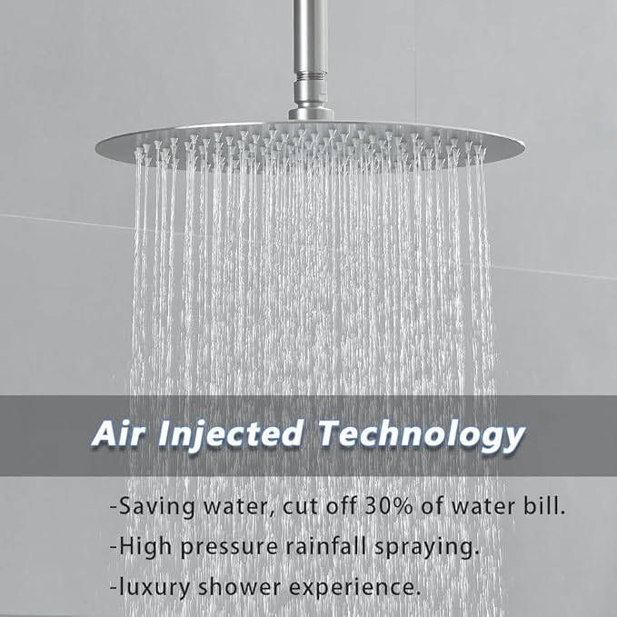 Brushed Nickel Round Shower Faucet Set with Body Jets 16 Inch Shower Head Handheld Shower Combo Set High Pressure Ceiling Mount with Rough-in Valve