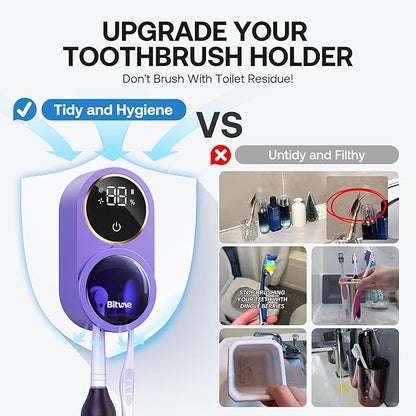 Bitvae Upgraded Tooth Brush Holder for Bathroom 2.0, Infrared Sensing Toothbrush Cleaner, Wall-Mounted for Most Size Toothbrushes, Air Drying, LED Smart Screen, Purple