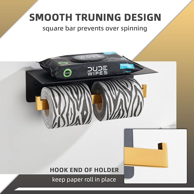 Angle Simple Double Toilet Paper Holder with Shelf, 304 Stainless Steel Bathroom Toilet Tissue Roll Holder for Wall Black and Gold