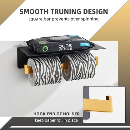 Angle Simple Double Toilet Paper Holder with Shelf, 304 Stainless Steel Bathroom Toilet Tissue Roll Holder for Wall Black and Gold