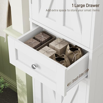 67" H Tall Bathroom Cabinet, Narrow Storage Cabinet with 2 Barn Doors and 1 Drawer, Freestanding Floor Cabinets with 6 Shelves for Bathroom, Living Room, Kitchen, White