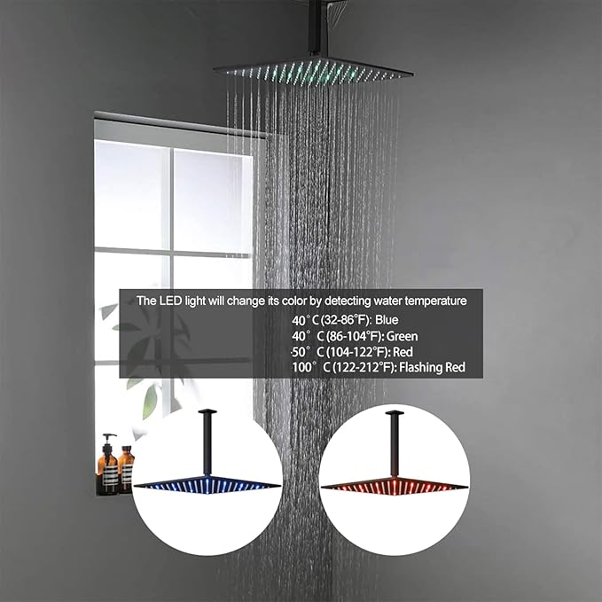 Thermostatic Shower System Matte Black Shower Faucet Set with Tub Spout, 6 PCS Body Jet and Handheld Spray, 12 inch Ceiling Mount Shower Head