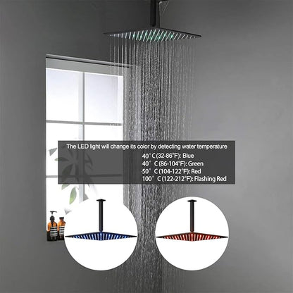 Thermostatic Shower System Matte Black Shower Faucet Set with Tub Spout, 6 PCS Body Jet and Handheld Spray, 12 inch Ceiling Mount Shower Head