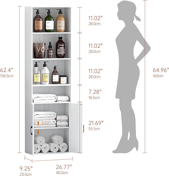Tall Bathroom Storage Cabinet, Bathroom Floor Cabinet with Wide 4 Tier Shelf, Storage Unit for Living Room, Entryway, Kitchen (Retro White, 2 PCS)