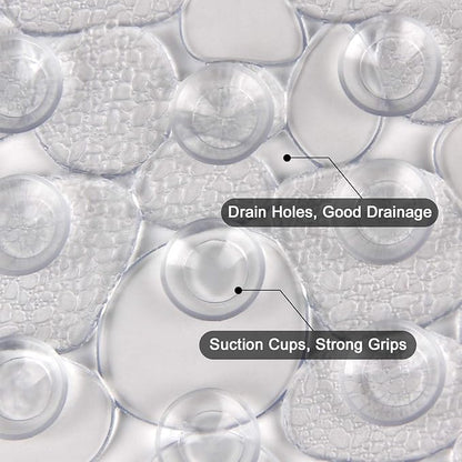 WELTRXE Pebbles Bath Mat Clear Non-Slip Bathtub Mat with Suction Cups, Drain Holes for Bathroom Showers, Tub, Machine Washable, BPA, Latex Free Safe Shower Mats, Oval 27 x 14 Inch