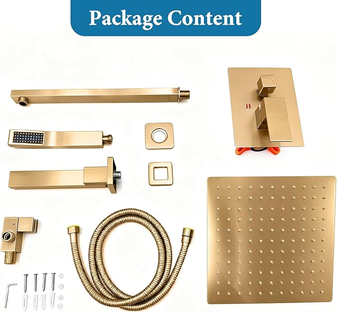 12 inch Square Shower Head and Handheld Set, Gasecoet Shower System with Tub Spout Wall Mounted Shower Faucet for Bathroom - Brushed Gold (With Shower Valve)