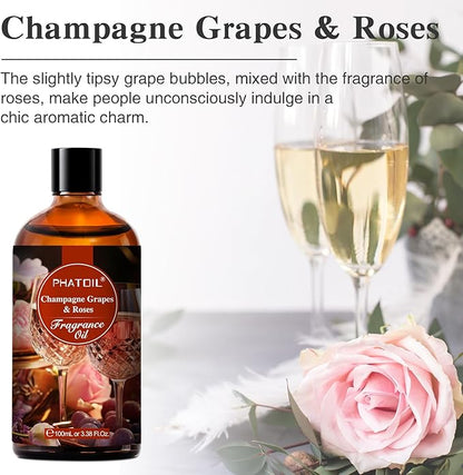 PHATOIL 3.38FL.OZ Champagne Grapes Roses Fragrance Oils for Aromatherapy, Essential Oils for Diffusers for Home, Perfect for Diffuser, Yoga, Skin Care, DIY Candle and Soap Making - 100ml