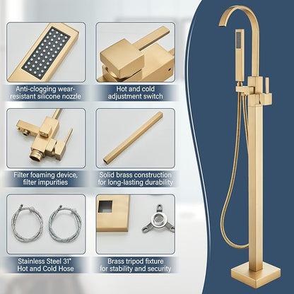 Freestanding Bathtub Faucet Floor Mounted Tub Filler Brushed Gold Single Handle 360 Swivel Standing Spout High Flow Brass Bath Tub Faucets Set