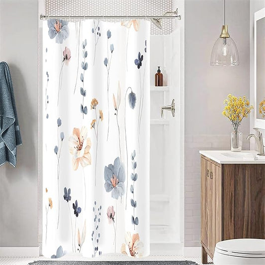 Gibelle Small Stall Shower Curtain 36 x 72, Narrow Half Watercolor Floral Fabric Shower Curtain, Blue Beige Flower Decorative Bathroom Shower Curtain Set