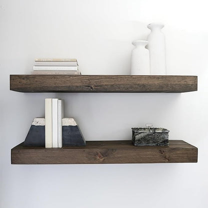 Urbandi Modern Floating Shelves 3 Inches Thick for Wall, Wide Shelves for Kitchen, Living Room, Bedroom, and Bathroom, Natural Pine Wood, Rustic Wooden Shelf, (Set of 2) (Jacobean, 24Lx3Hx6D)
