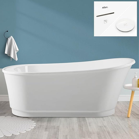 FerdY Langkawi 67" Acrylic Freestanding Bathtub, White Modern Stand Alone Soaking Bathtub, cUPC Certified, Polished White Drain and Minimalist Linear Design Overflow Included, Easy to Install, 02568T