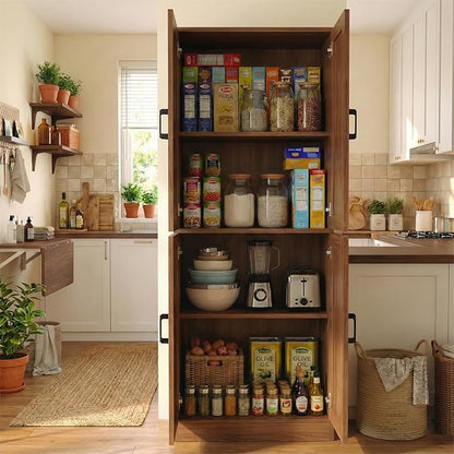 71" Tall Kitchen Pantry Cabinet, Freestanding Food Storage Organizer with Doors & Adjustable Shelves, Large Utility Hutch Cupboard for Dining Room, Living Room, Bathroom & Home Office, Brown