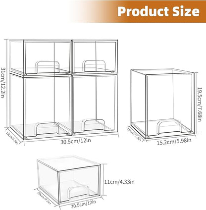 Baby Bottle Organizer, Stackable Storage Drawers with Label, Clear Station Organizers Container for Pacifiers, Pump Parts, Desk Organizer Bins for Bathroom, Cabinet, Pantry, Vanity, Countertop, 4 Pack