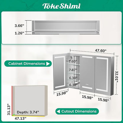 TokeShimi 48x32 Lighted Medicine Cabinet with Mirrored and Sockets, Anti-Fog Surface or Recessed Medicine Cabinet Mirror Led 3 Colors Dimmable, Frontlit Mirror with Storage Bathroom Vanity