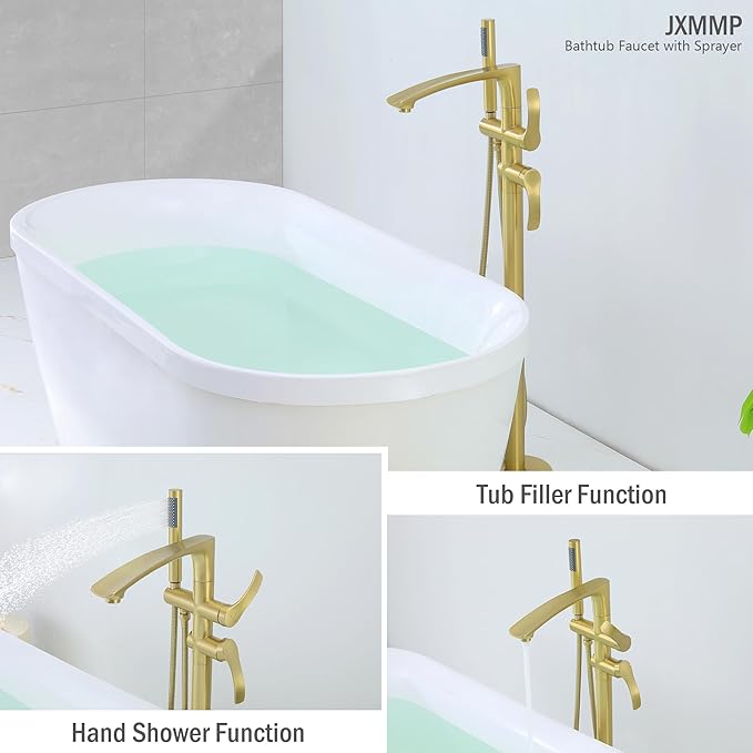 Free Standing Tub Faucet, Brushed Gold Floor Mount Bathtub Faucet with 360 Swivel Spout and Hand Shower, High Flow Stainless Steel Freestanding Tub Filler JXM-F001BG