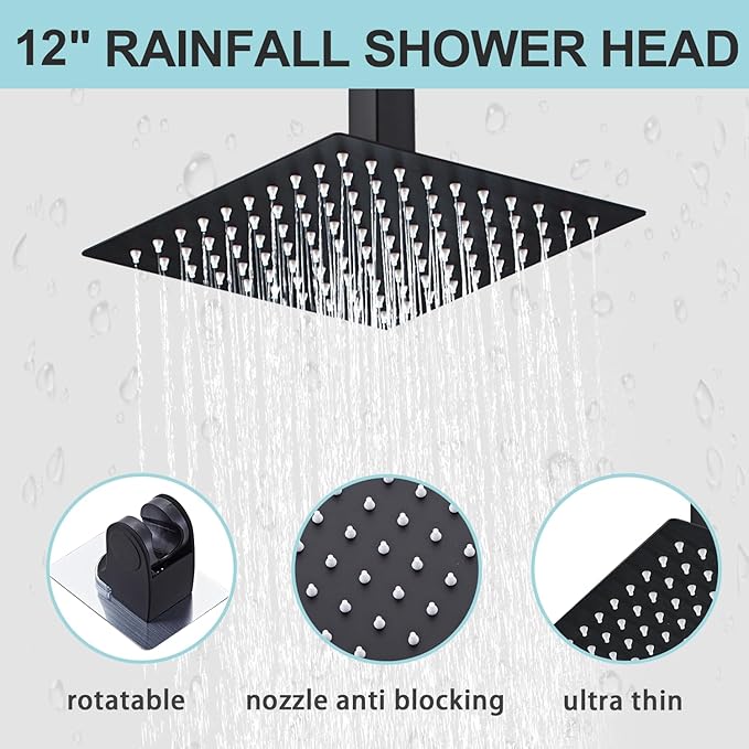 12 Inch Shower Faucet Set Ceiling Mount, High Pressure Rainfall Shower System, Square Rain Shower Spray Combo Luxury Shower Fixtures Matte Black