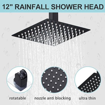 12 Inch Shower Faucet Set, Ceiling Mounted Rainfall Shower System with High Pressure Handheld Shower Head, Bathroom Mixer Shower Set Rough-in Valve and Trim Kit, Matte Black, with Tub Spout