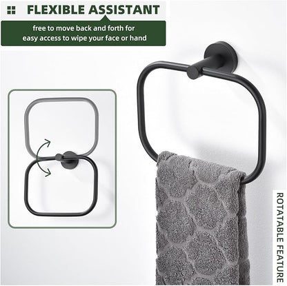 Angle Simple Matte Black Towel Ring Swivel, SUS 304 Stainless Steel Bathroom Hand Towel Holder for Wall Mount