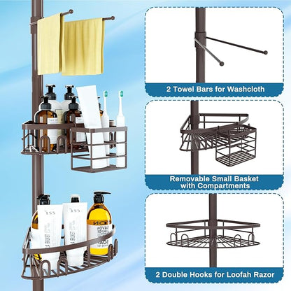 Rustproof Shower Corner Caddy Shelf for Bathroom Tension Pole Organizer with 4 Baskets for Bathtub Shampoo Storage from 23.6 to 114.5 Inch with Towel Bar (Bronze)