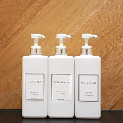 Modern Design Shampoo and Conditioner Dispenser, Large 27oz Shower Soap Dispenser, Set of 3 Refillable Empty Plastic Pump Bottles for Bathroom (6 Waterproof Labels Included), White & Silver