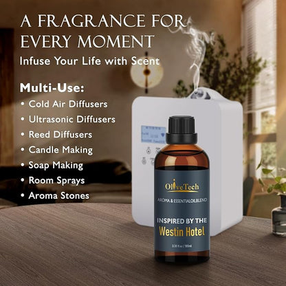 Hotel Diffuser Oil Inspired by Westin Hotel Scent, OliveTech Aromatherapy Fragrance Oil for Cold Air & Ultrasonic Diffusers, 100ml / 3.38 ft oz Glass Bottle