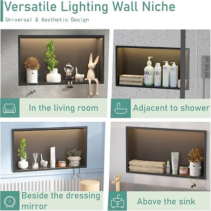 Shower Niche No Tile Needed with Waterproof LED Light Strip for Bathroom Storage， Bathroom for Shower Wall Lighted Niches，Stainless Steel Waterproof Shelf，Matte Black （ 24 x 12 in）