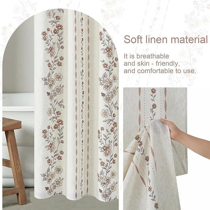 ORTIGIA Farmhouse Floral Shower Curtains for Bathroom Linen Boho Vintage Shower Curtain Set with Metal Hooks Waterproof Block Print Rustic Fabric Bath Curtain for Home, Weighted, 72x72