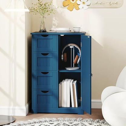 Tangkula Bathroom Floor Cabinet, Freestanding Storage Cabinet with 4 Drawers & Single Door, Adjustable Shelf, Multipurpose Bathroom Storage for Home Office, 21.5 x 12 x 32.5 Inches (Blue)