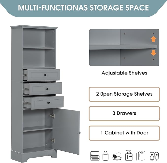 Favfurish 67" Tall Bathroom Storage Cabinet with Door and 3 Drawers,Modern Linen Cabinets w/Adjustable Shelf & 2-Tier Open Shelves,Freestanding Organizer for Bath Room,Study,Office,Grey