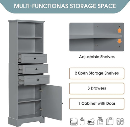 Favfurish 67" Tall Bathroom Storage Cabinet with Door and 3 Drawers,Modern Linen Cabinets w/Adjustable Shelf & 2-Tier Open Shelves,Freestanding Organizer for Bath Room,Study,Office,Grey