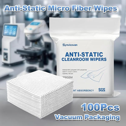 Anti-Static Microfiber Wipes 9"x9"(100 Pcs,Class 100, 200GSM) Lint Free Cloths Reusable Special ESD protection design is suitable for protecting sensitive electronic components and tools