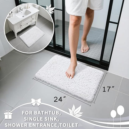 Yimobra Chenille Bathroom Rugs Non Slip, Extra Thick Soft Absorbent Bath Rug, Machine Washable Quick Dry Bath Mat for Bathroom Floor, Tub and Shower, Home Decor Accessories, 24x17, White