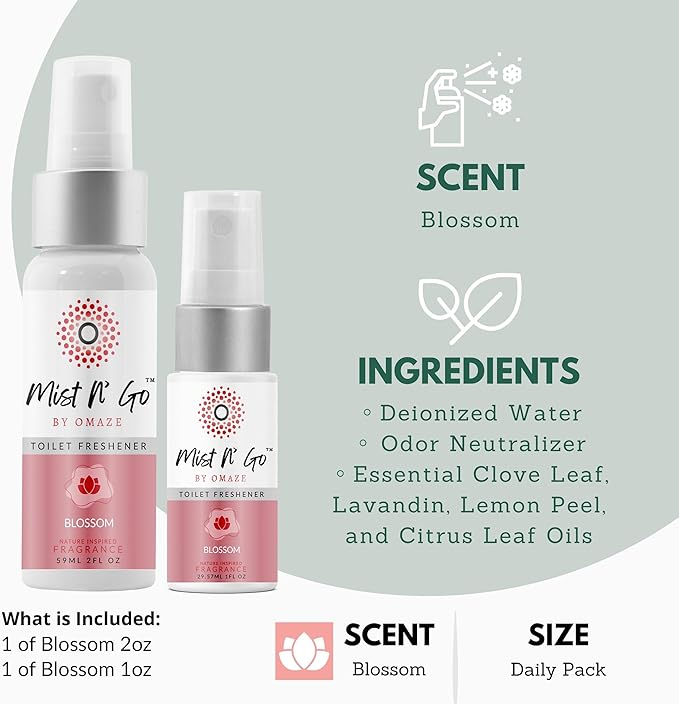 Mist N' Go by Omaze Travel Toilet Spray Odor Eliminator - Freshens Bathroom Air & Deodorizes - Blossom Daily Pack (2oz + 1oz)
