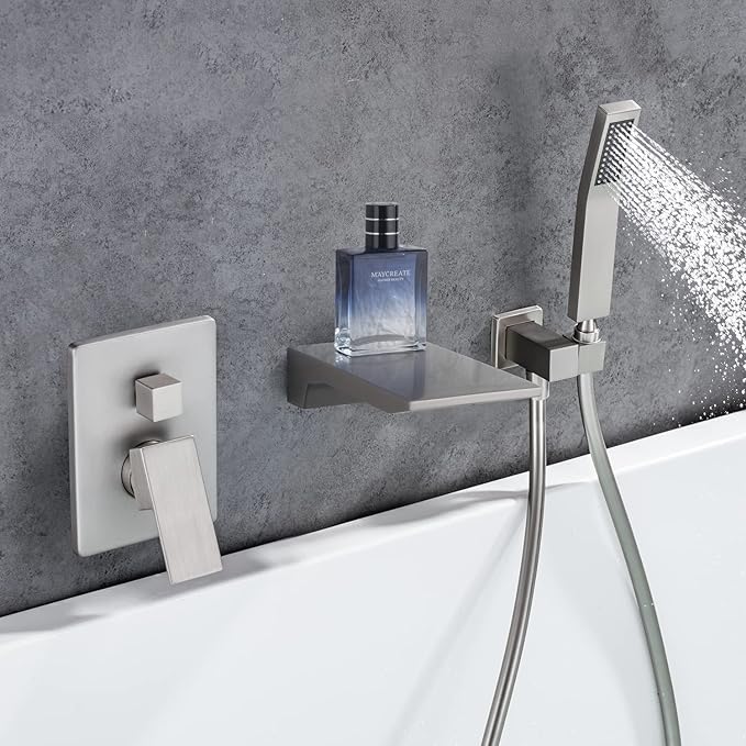 Wall Mount Tub Filler Faucet with Waterfall Tub Spout Waterfall Bathtub Faucet with Handheld Shower Modern Tub Filler Faucet Single Handle, Brushed Nickel