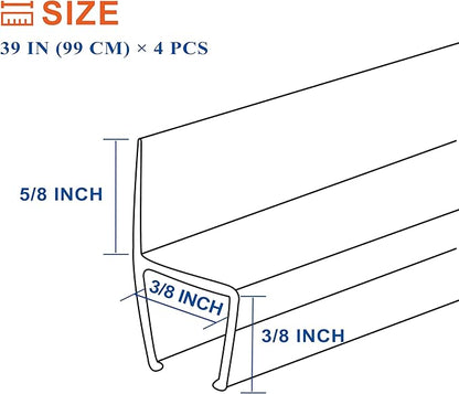 Frameless Shower Door Seal Strip 4 Pack x 39 Inch H for 3/8" Thick Glass Shower Door Side Seal Strip Bottom Seal Door Sweep Ultra Clear Polycarbonate, Stop Shower Leaks Create A Water Barrier