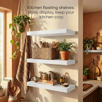 SAUMONIERES Floating Shelves Wall Shelf Solid Wood for Bathroom Bedroom Kitchen Set of 3, White Wall Shelves