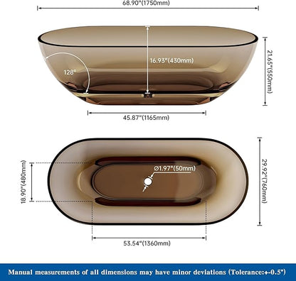 69" Premium Solid Surface Free Standing Bathtub, Unique Transparent Brown Stone Resin Tub with Pop-up Drain
