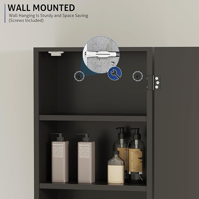 eclife 24" Bathroom Medicine Cabinet W/Mirror, Single Door Bathroom Black Wall Mount Mirror Cabinet, Hanging Triple Shelf Storage Cabinet Opens Left and Right