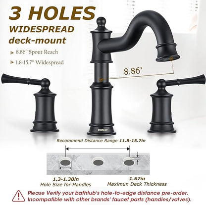 Roman Bathtub Faucet Deck Mount Tub Faucet for Bathroom Widespread Elegant Classic Spout with 3 Holes 2 Handle Valve Cartridge Included, Matte Black