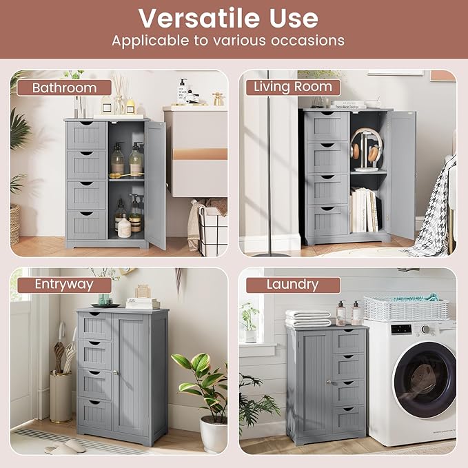 Tangkula Bathroom Floor Cabinet, Freestanding Storage Cabinet with 4 Drawers & Single Door, Adjustable Shelf, Multipurpose Bathroom Storage for Home Office, 21.5 x 12 x 32.5 Inches (Grey)