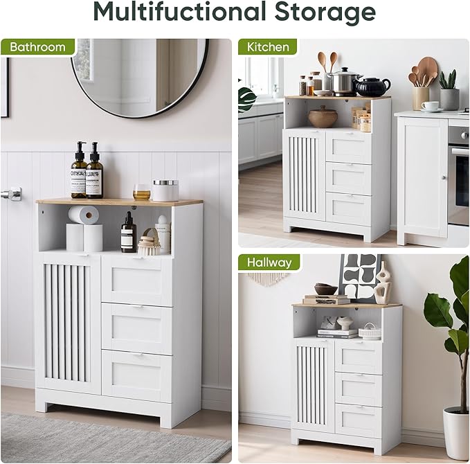Bathroom Storage Cabinet with 3 Drawers, Floor Cabinet with Louvered Door, Freestanding Storage Unit for Bathroom, Kitchen, Living Room, White