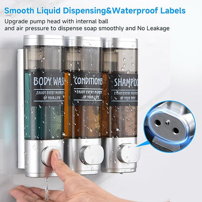 Shampoo and Conditioner Dispenser,GlintGath Shower Dispenser 3 Chamber No Drill Shampoo Dispenser for Shower Wall Mounted Shower Soap Dispenser for Bathroom Hotel,3 * 300ML,Silver