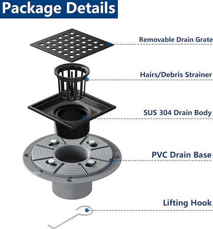 Neodrain Square Shower Drain,4 inch Black Stainless Steel 304 Grate and PVC Drain Body, Grate with Kit Includes Hair Trap/Strainer,Lifting Hook and PVC Drain Base