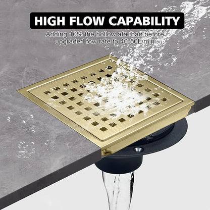 6 Inch Square Shower Drain with Flange, Removeable Grate SUS 304 Stainless Steel Shower Drain with Hair Catcher (Brushed Gold, 6 Inch)