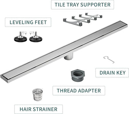 Linear Shower Drain 36", Brushed Floor Drain with Tiled Insert Grate & Hair Strainer, 304 Stainless Steel Bathroom 2-in-1 Tiled in Drain, CUPC Certified (Brushed, 36'')