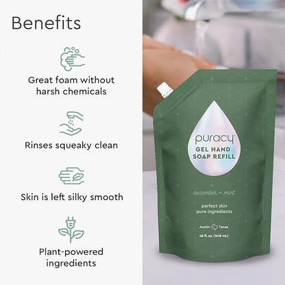 Puracy Organic Hand Soap, For the Professional Hand Washers We've All Become, Moisturizing Natural Gel Hand Wash Soap, Liquid Hand Soap Refills for Soft Skin (48 fl.oz, Cucumber & Mint) Refill
