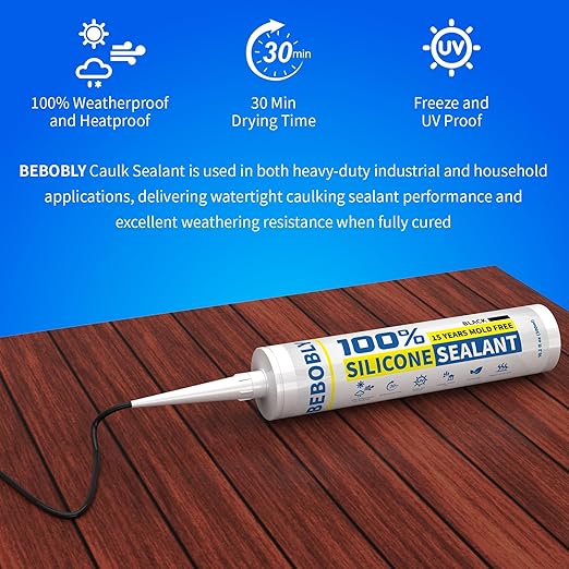 Black Silicone Caulk & Sealant, 100% Waterproof Silicone Caulking, Silicone Sealant Caulking for Kitchen, Bathroom, RV, Interior & Exterior Use, Shrink & Crack Proof, 10.2 FL. OZ/300ML, 1 Pack