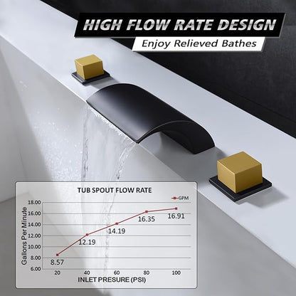 SUMERAIN Roman Bathtub Faucet 3 Hole Deck Mount High Flow Waterfall Tub Filler Black and Gold Finish