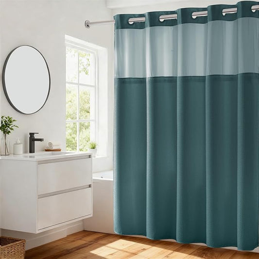 River Dream Heavyweight No Hooks Required Dotted Waffle Weave Shower Curtain with Snap in Liner - 71W x 74H,Hotel Grade,Spa Like Bath Curtain,Teal